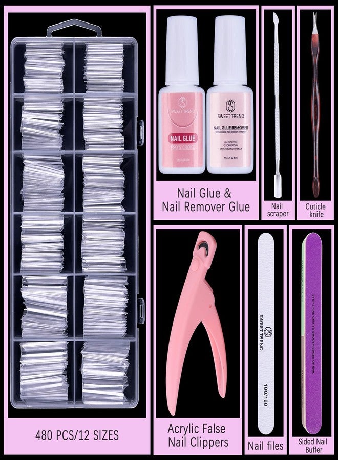 SWEET TREND Tapered Square Fake Nail Tips: Sweet Trend No C Curve Nail Tips for Acrylic Nails 480Pcs 12 Sizes Extra Long Straight Flat Half Cover Nail Extension Kit with Glue Remover & Glue Acrylic Nail Clippers - Image 2
